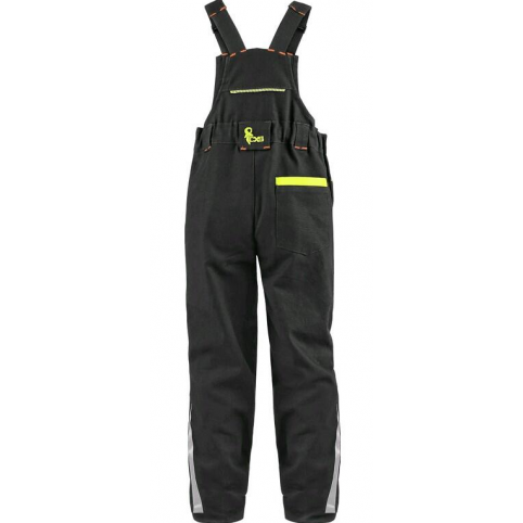 Dětské montérkové kalhoty na kšandy CXS GARFIELD, černé s HV žluto-oranžovými doplňky